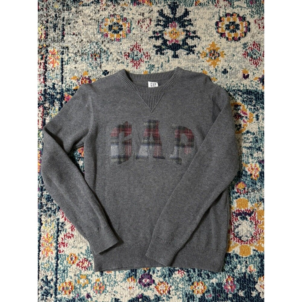 GAP Kids Gray Cotton Tartan‎ Plaid Logo Crewneck Sweater Size XL Festive Xmas